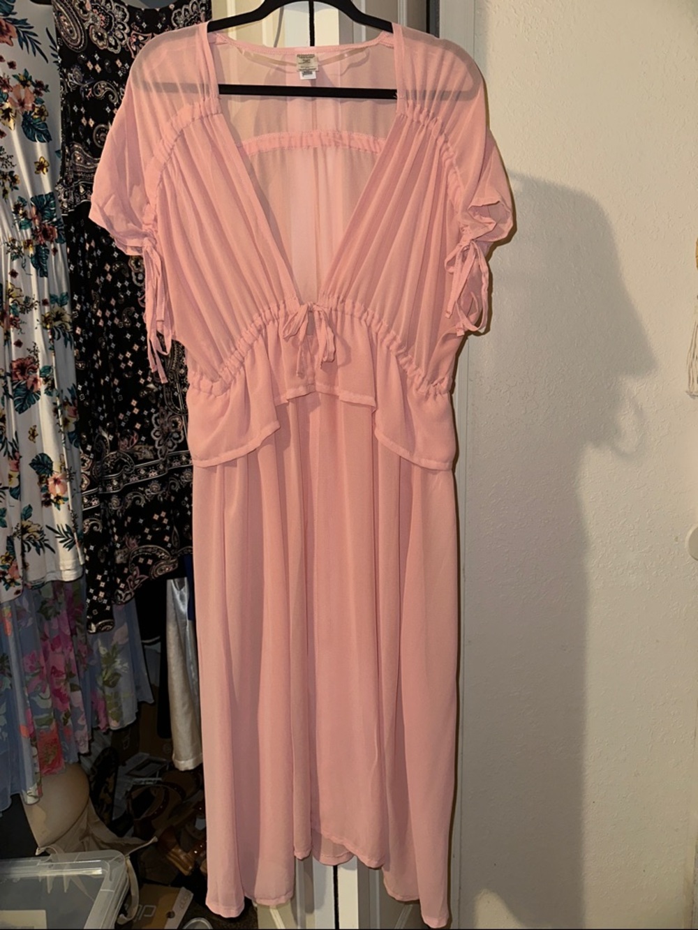 Sheer Soft Pink V-Neck Midi Dress Kimono with Tie Waist